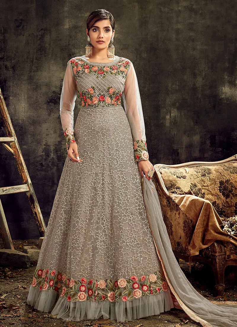 Grey Floral Embroidered Anarkali Suit