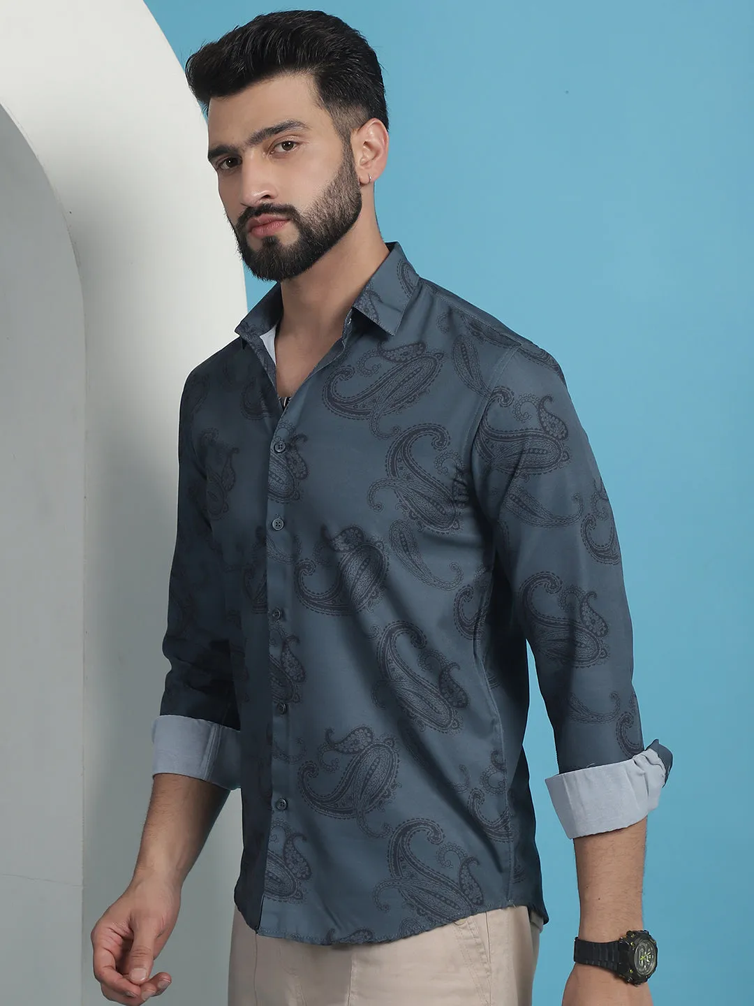 Grey Floral Printed Cotton Casual Shirt