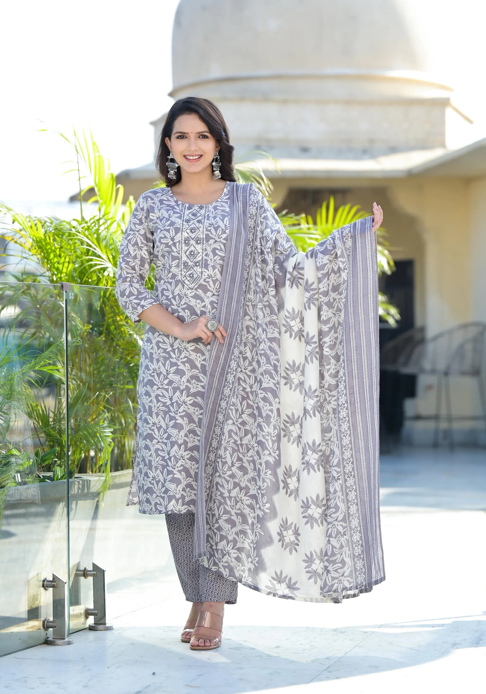 Grey Floral Printed Cotton Kurta Pant And Dupatta Set With Thread & Mirror Work