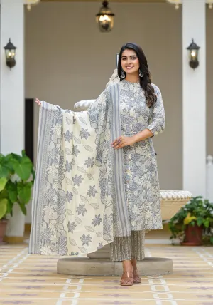 Grey Floral Printed Cotton Kurta Set With Buttons