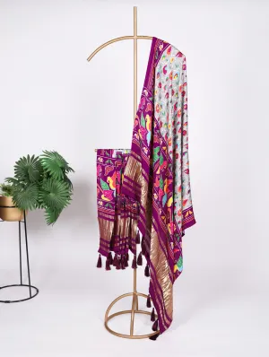 Grey Gaji Silk Dupatta with Digital Prints & Lagadi Patta