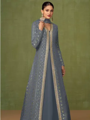 Grey Georgette Embroidery Anarkali with Dupatta Set