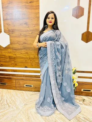 Grey Georgette Embroidery Saree