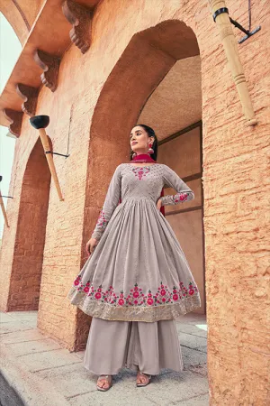 Grey Georgette Thread And Sequins Embroidered Kurta Palazzo Dupatta