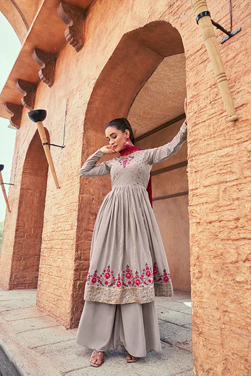 Grey Georgette Thread And Sequins Embroidered Kurta Palazzo Dupatta