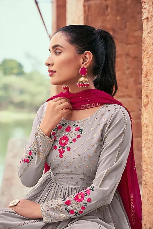 Grey Georgette Thread And Sequins Embroidered Kurta Palazzo Dupatta