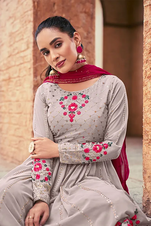 Grey Georgette Thread And Sequins Embroidered Kurta Palazzo Dupatta