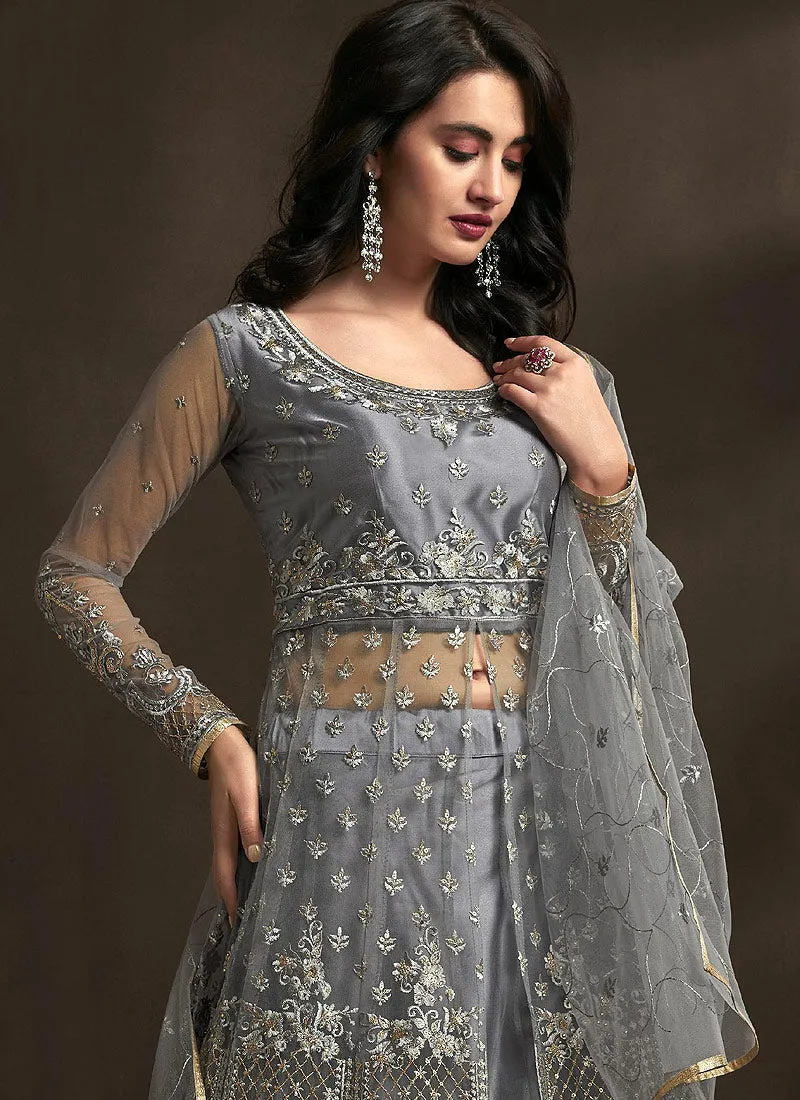 Grey Golden Embroidered Anarkali Lehenga Suit