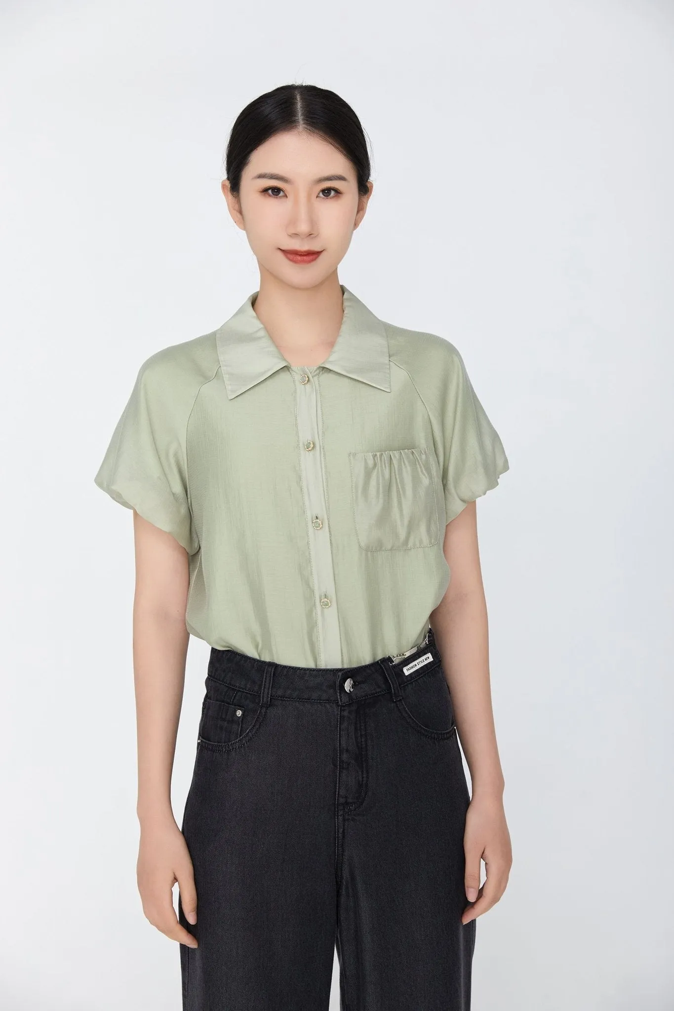 Grey Green Shirt Puffed Sleeves Pocket