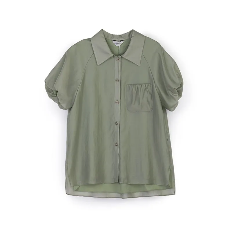 Grey Green Shirt Puffed Sleeves Pocket