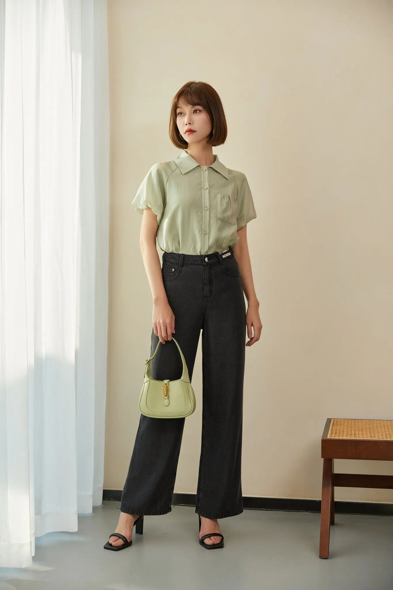 Grey Green Shirt Puffed Sleeves Pocket