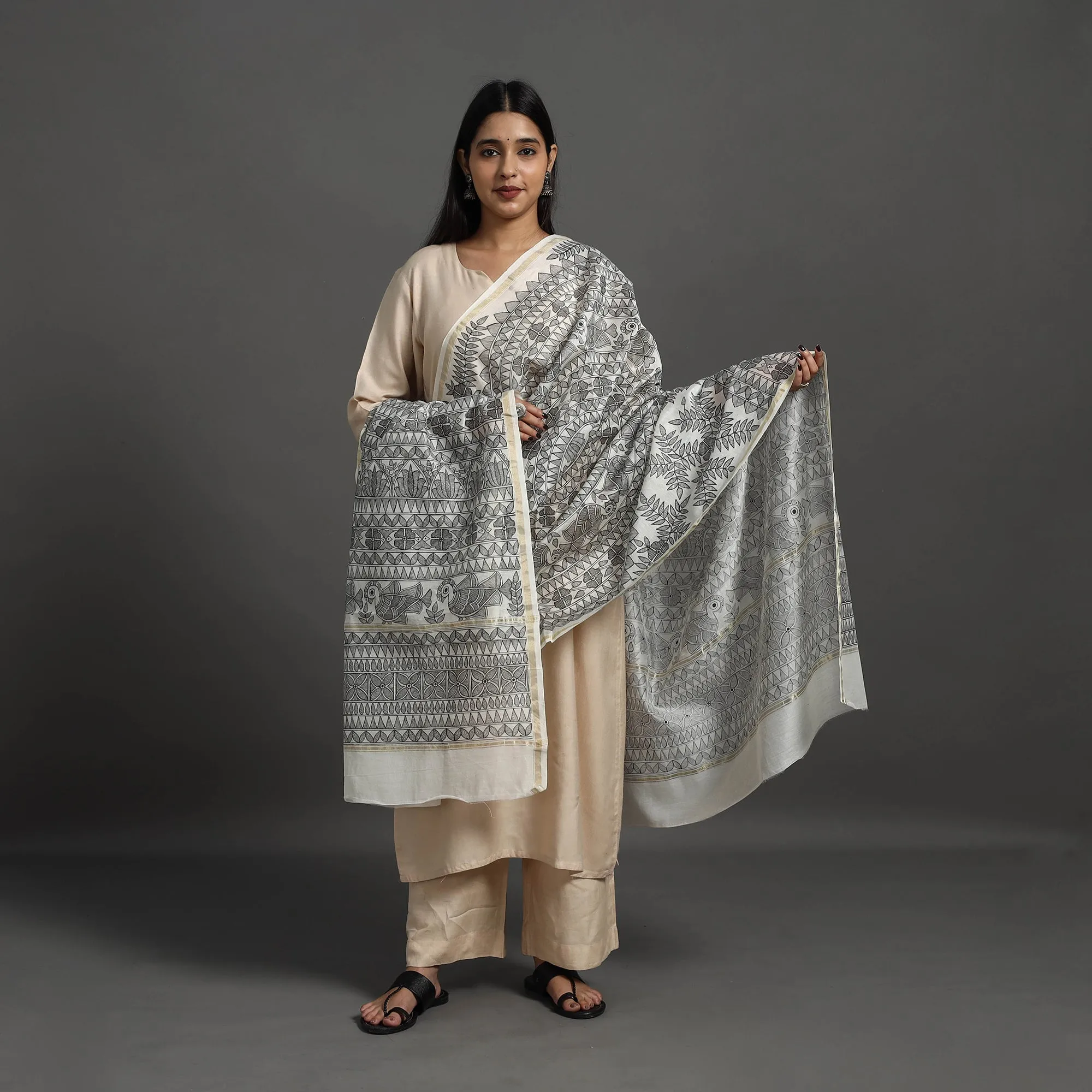 Grey - Handloom Chanderi Silk Handpainted Madhubani Dupatta 07