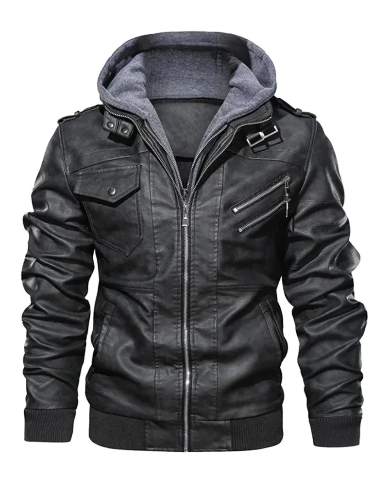 Grey Hood Bomber Style Leather Jacket