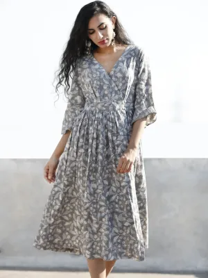 Grey Indigo Ivory Hand Block Printed Cotton Wrap Midi Dress With Bell Sleeves - D99F606