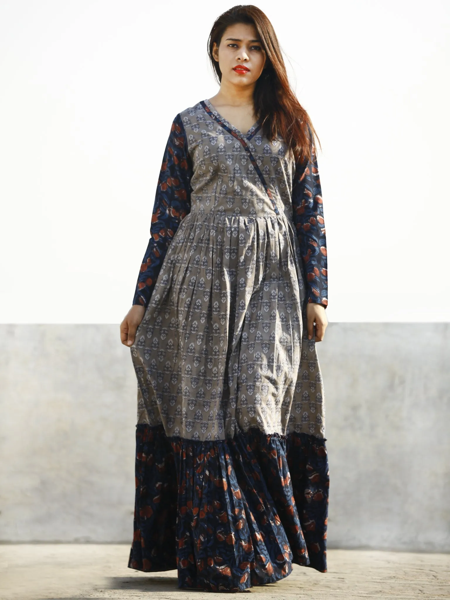 Grey Indigo Rust Hand Block Printed Long Cotton Tier Dress With Gathers - D169F988