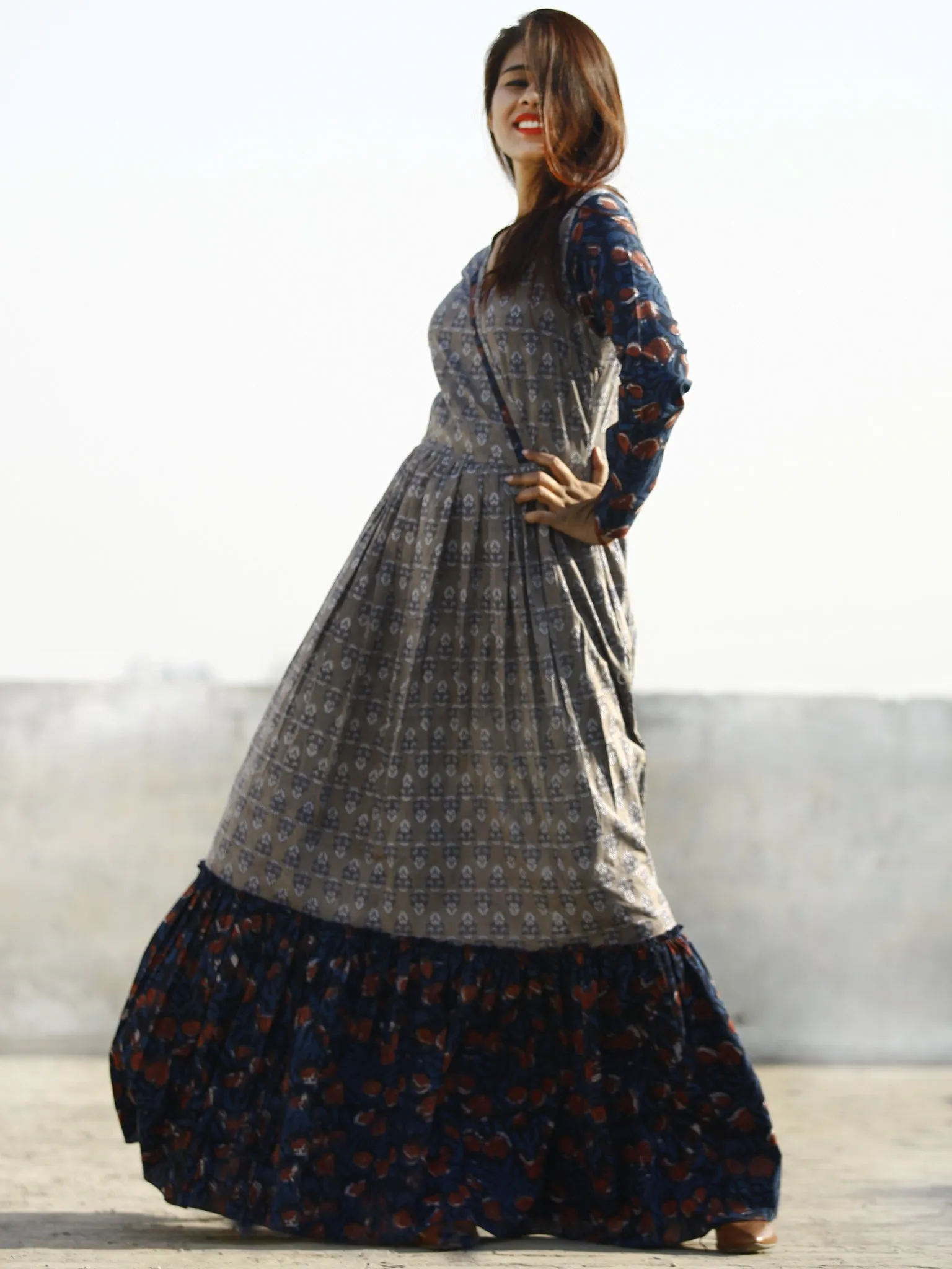 Grey Indigo Rust Hand Block Printed Long Cotton Tier Dress With Gathers - D169F988