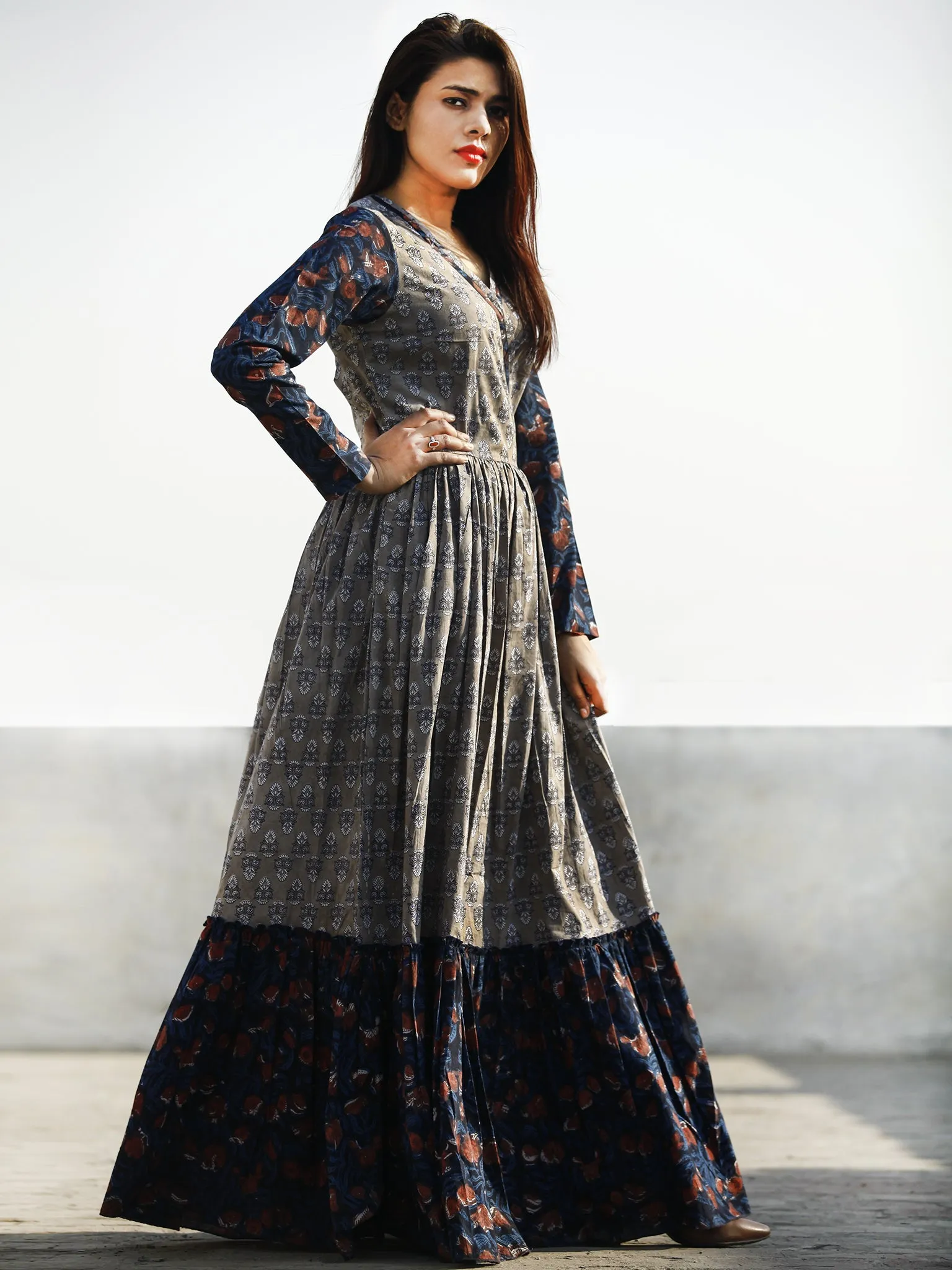 Grey Indigo Rust Hand Block Printed Long Cotton Tier Dress With Gathers - D169F988