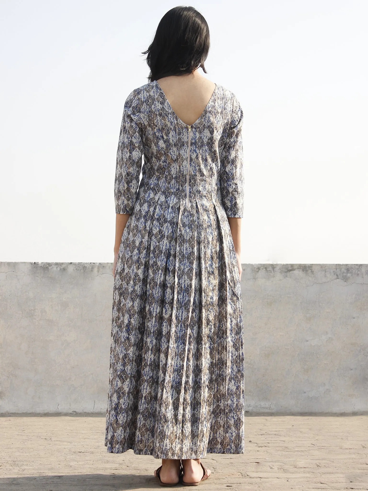 Grey Indigo White Long Hand Block Printed Cotton Dress With Box Pleats & Back Zipper  - D167F1111