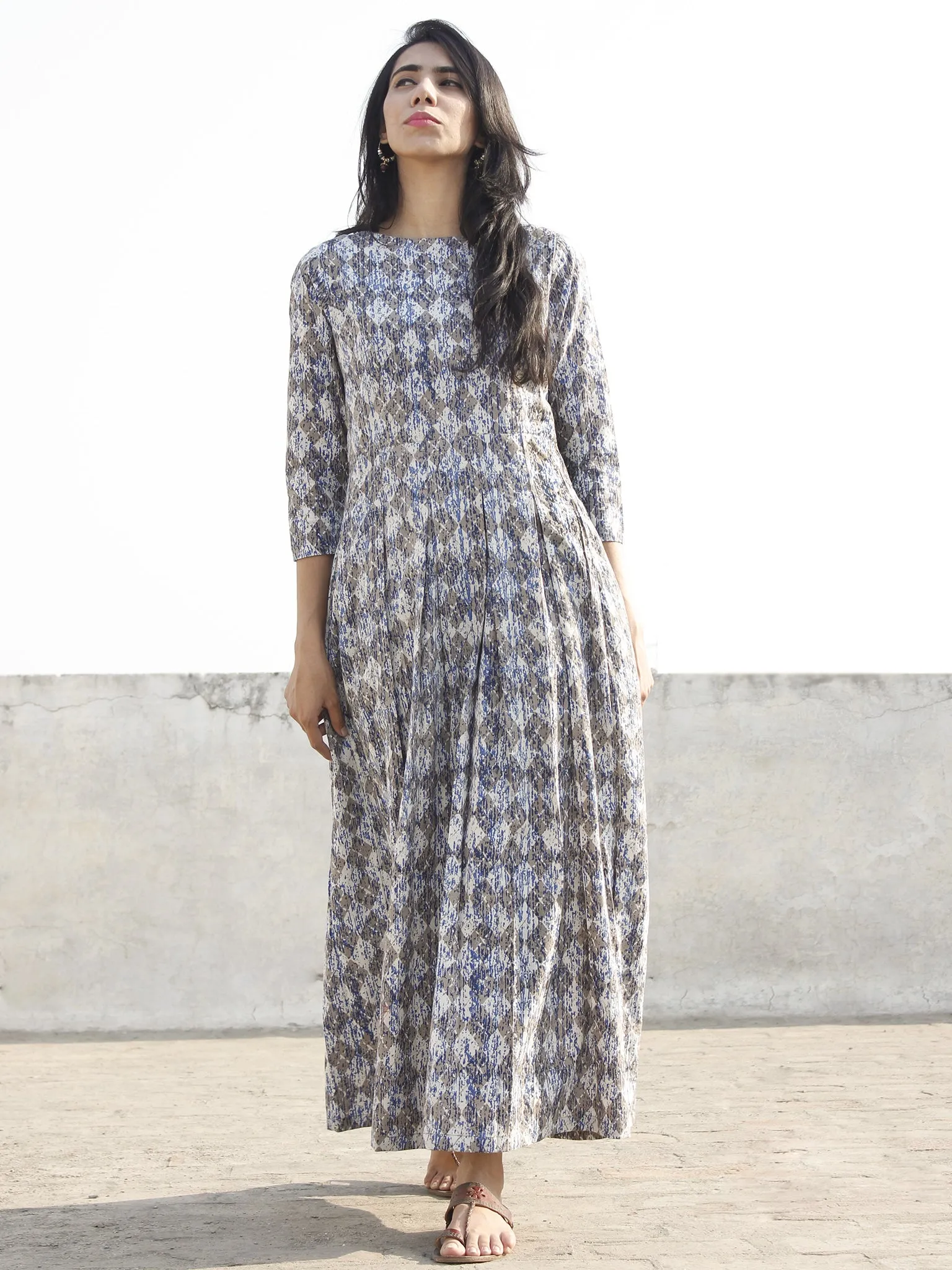 Grey Indigo White Long Hand Block Printed Cotton Dress With Box Pleats & Back Zipper  - D167F1111