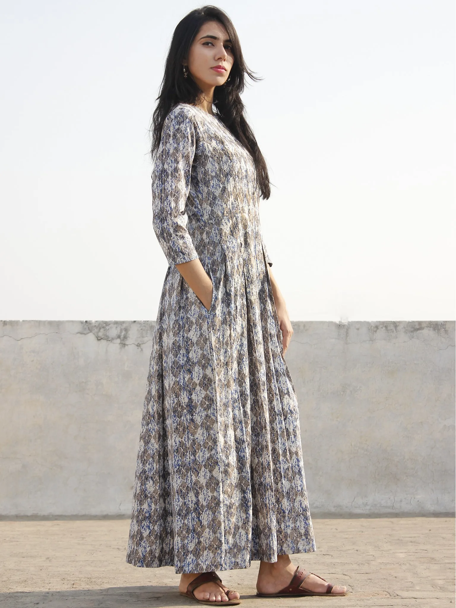 Grey Indigo White Long Hand Block Printed Cotton Dress With Box Pleats & Back Zipper  - D167F1111