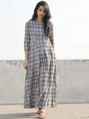 Grey Indigo White Long Hand Block Printed Cotton Dress With Box Pleats & Back Zipper  - D167F1111