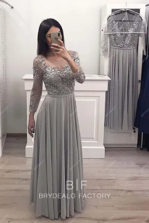 Grey Lace Chiffon 3/4 Sleeves Floor Length Elegant Dress