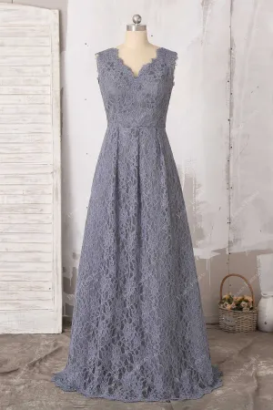 Grey Lace Scalloped V-neck Sleeveless Floor Length Formal Dress