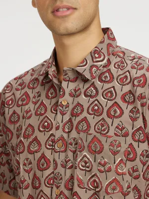 Grey Leaf Block Printed Holiday Halfsleeves Cotton Shirt