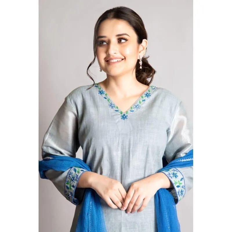 Grey linen hand  Embroidered Kurta set