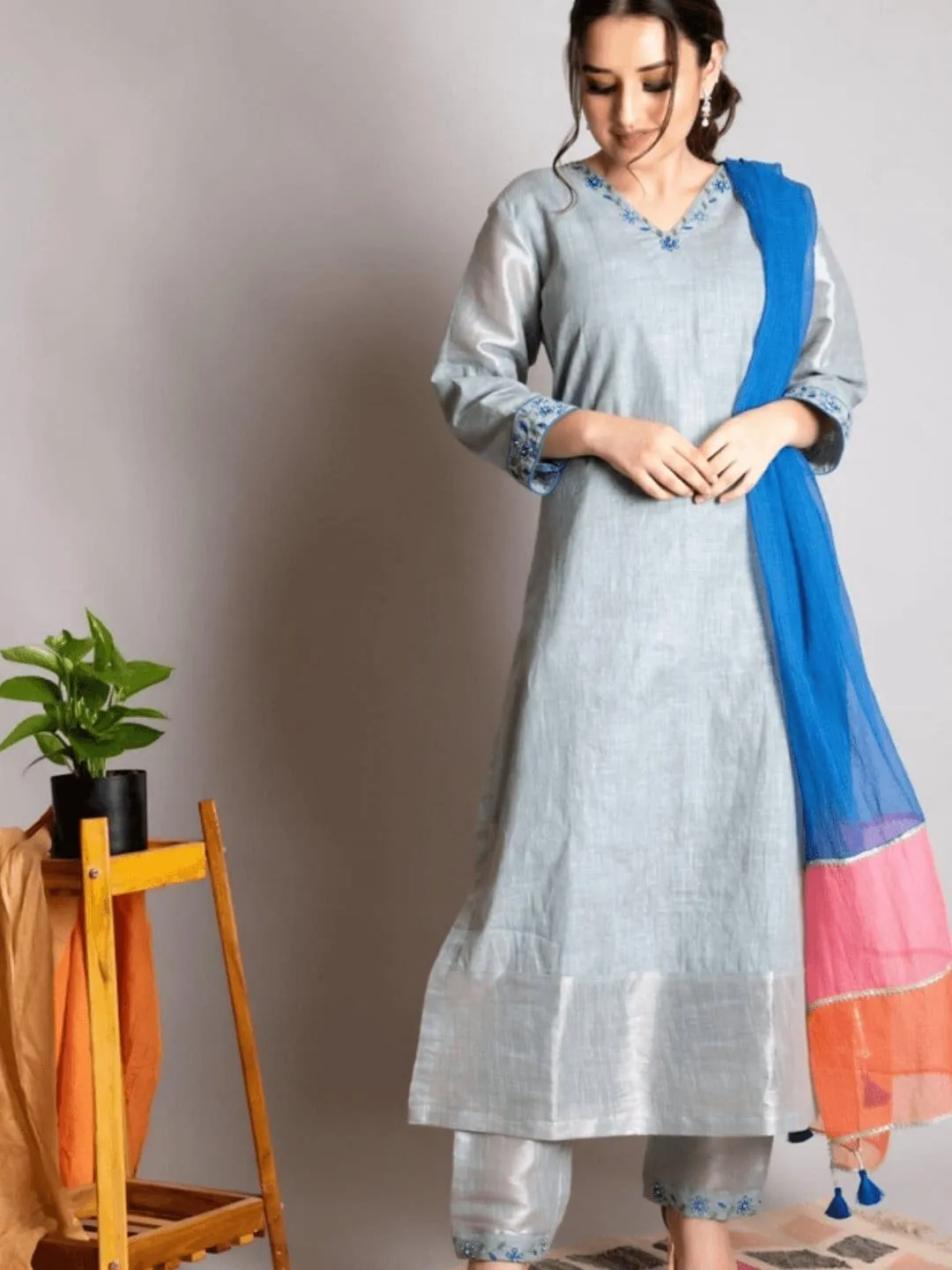 Grey linen hand  Embroidered Kurta set