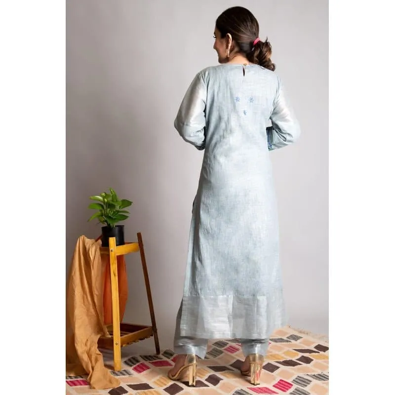 Grey linen hand  Embroidered Kurta set