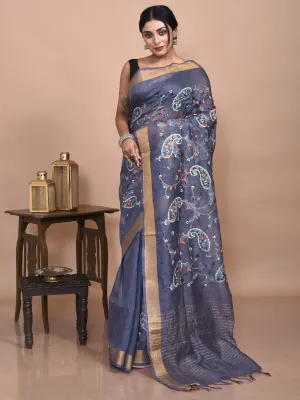 Grey Linen Saree with Kolki Design Machine Embroidery and Golden Zari Border