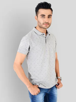 Grey Melange Printed Slim Fit Polo T-shirt | Greenfibre