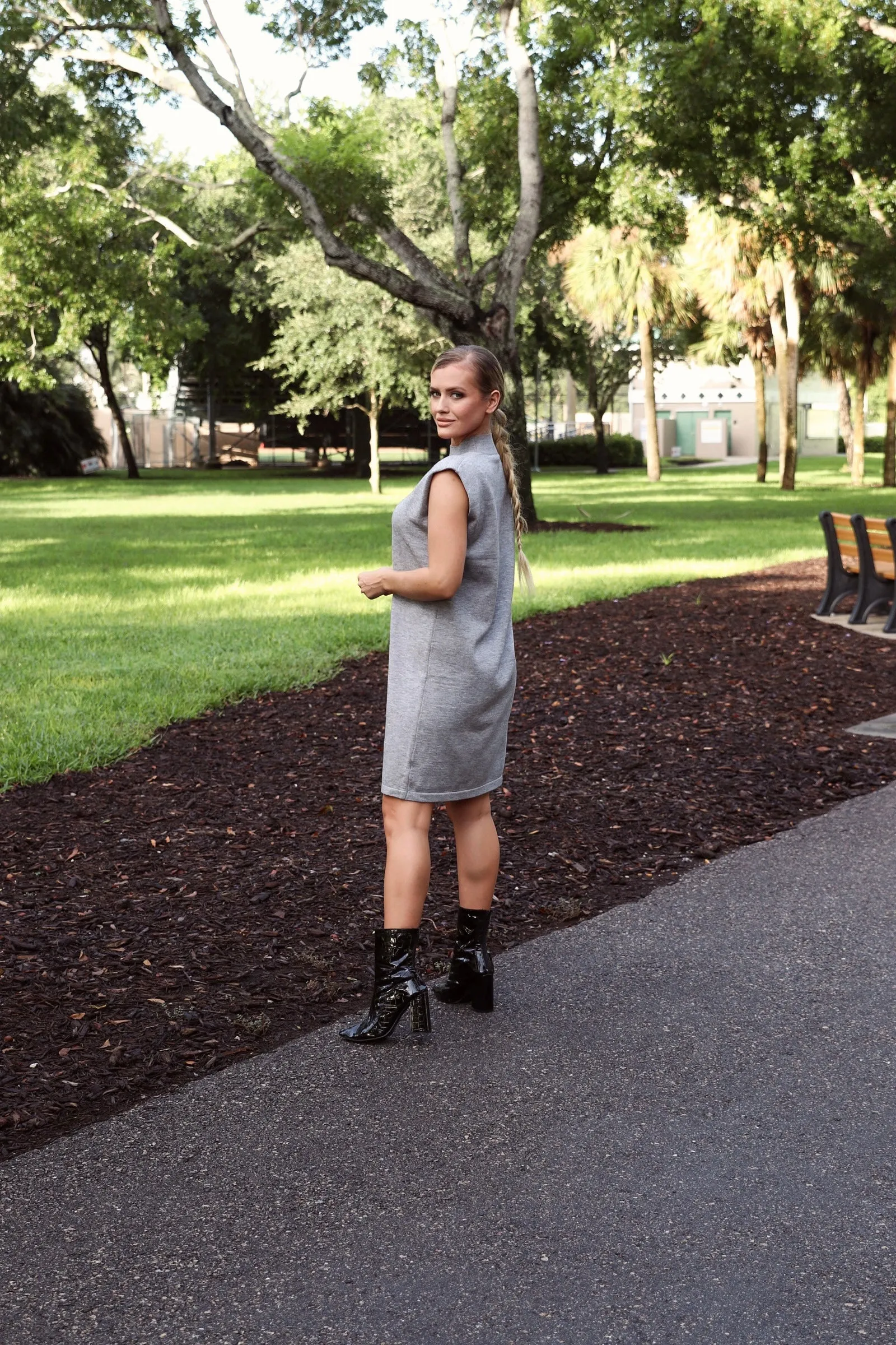 Grey Mock Neck Sleeveless Knit Dress