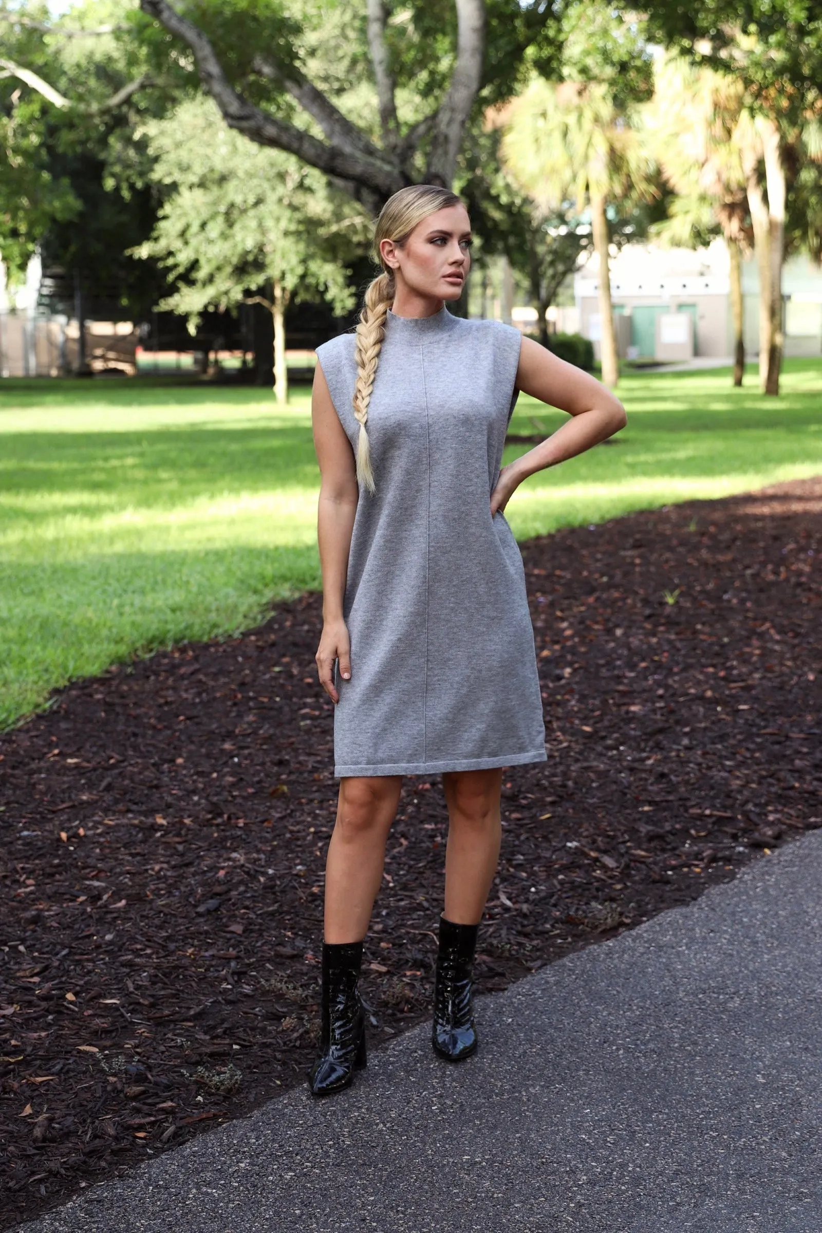 Grey Mock Neck Sleeveless Knit Dress