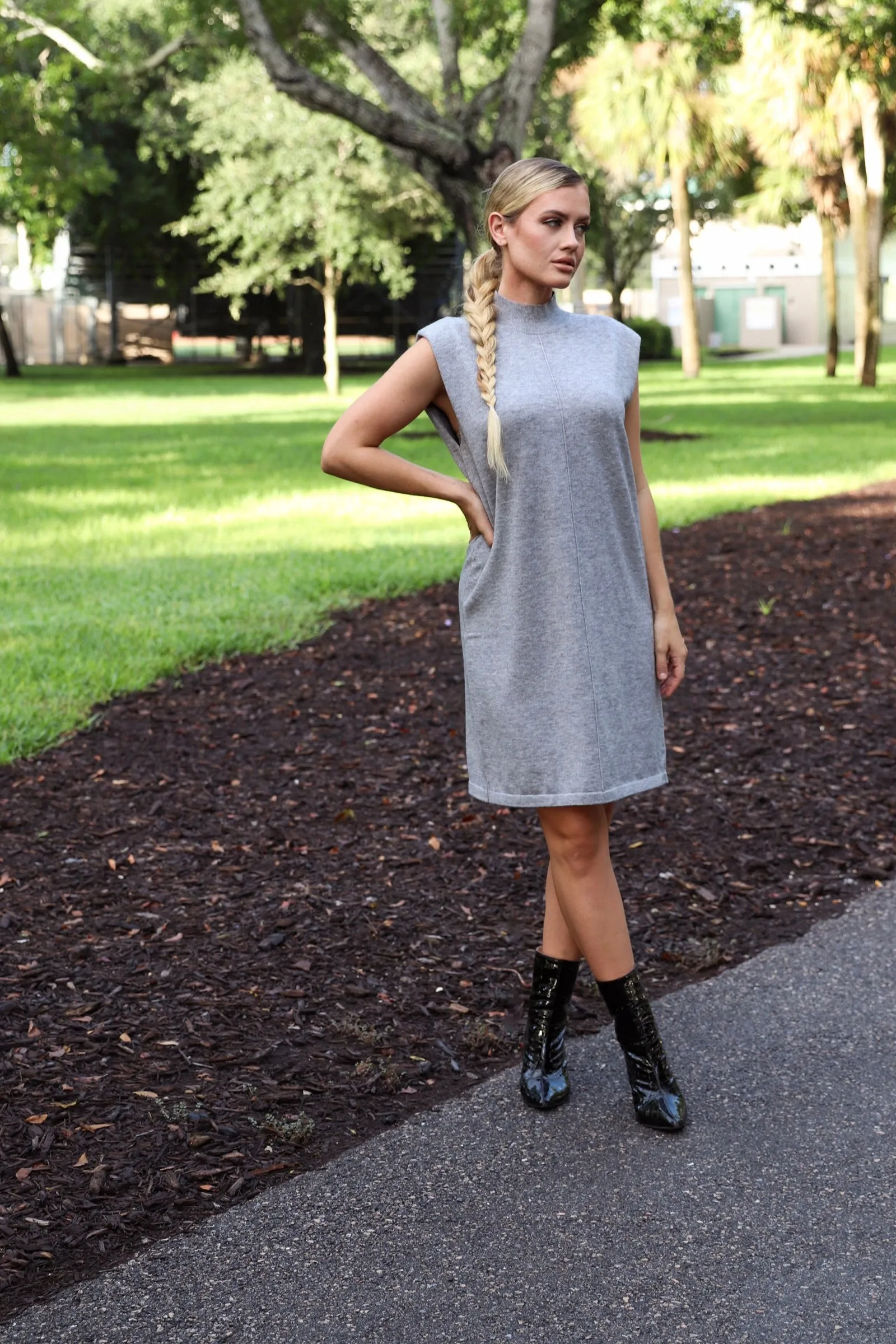 Grey Mock Neck Sleeveless Knit Dress