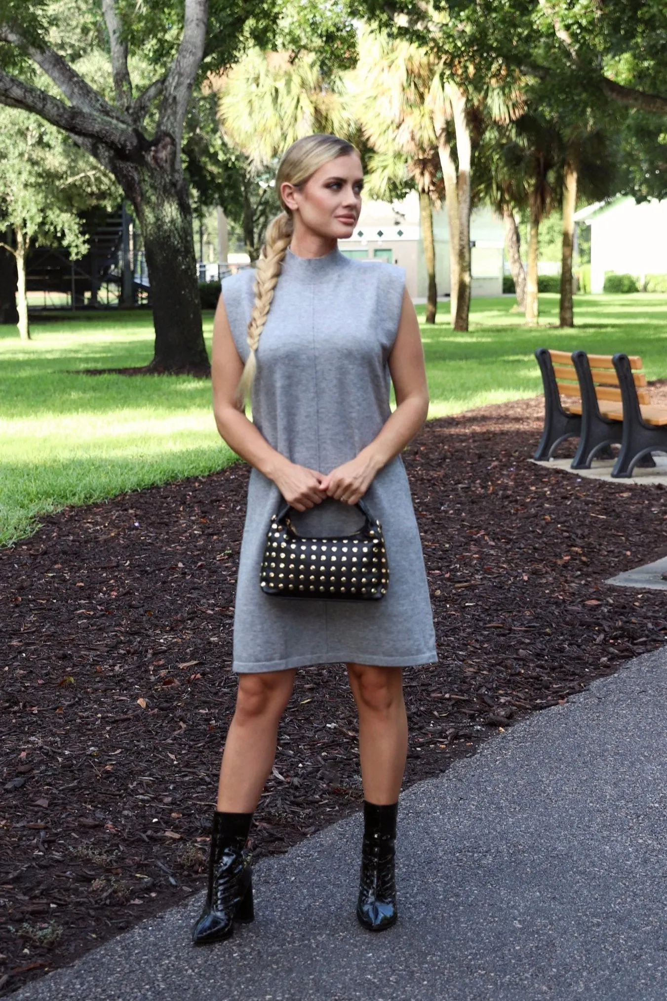 Grey Mock Neck Sleeveless Knit Dress