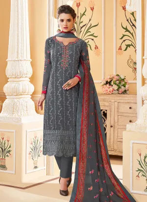 Grey Multi Embroidered Designer Pant Style Suit