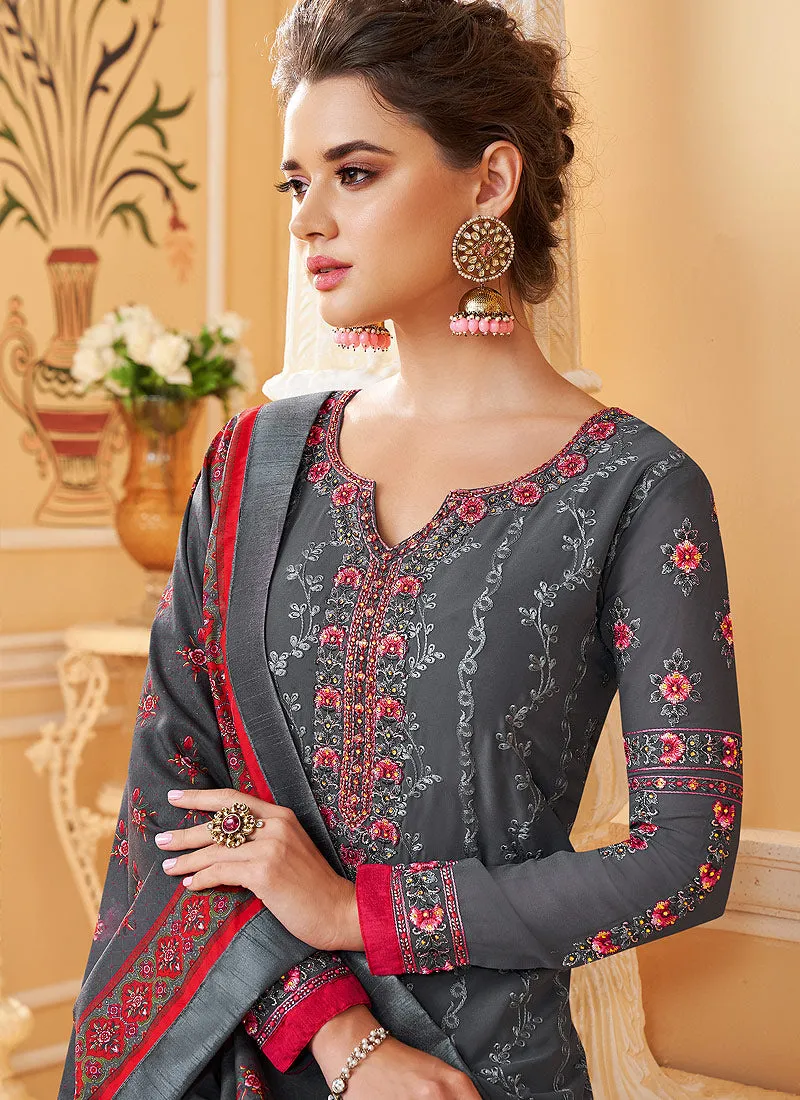 Grey Multi Embroidered Designer Pant Style Suit