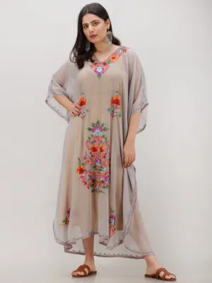 Grey Multicolor Aari Embroidered Kashmere Free Size Georgette Kaftan  - K12K014