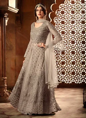 Grey Net And Satin Embroidered Lehenga Kurti Set