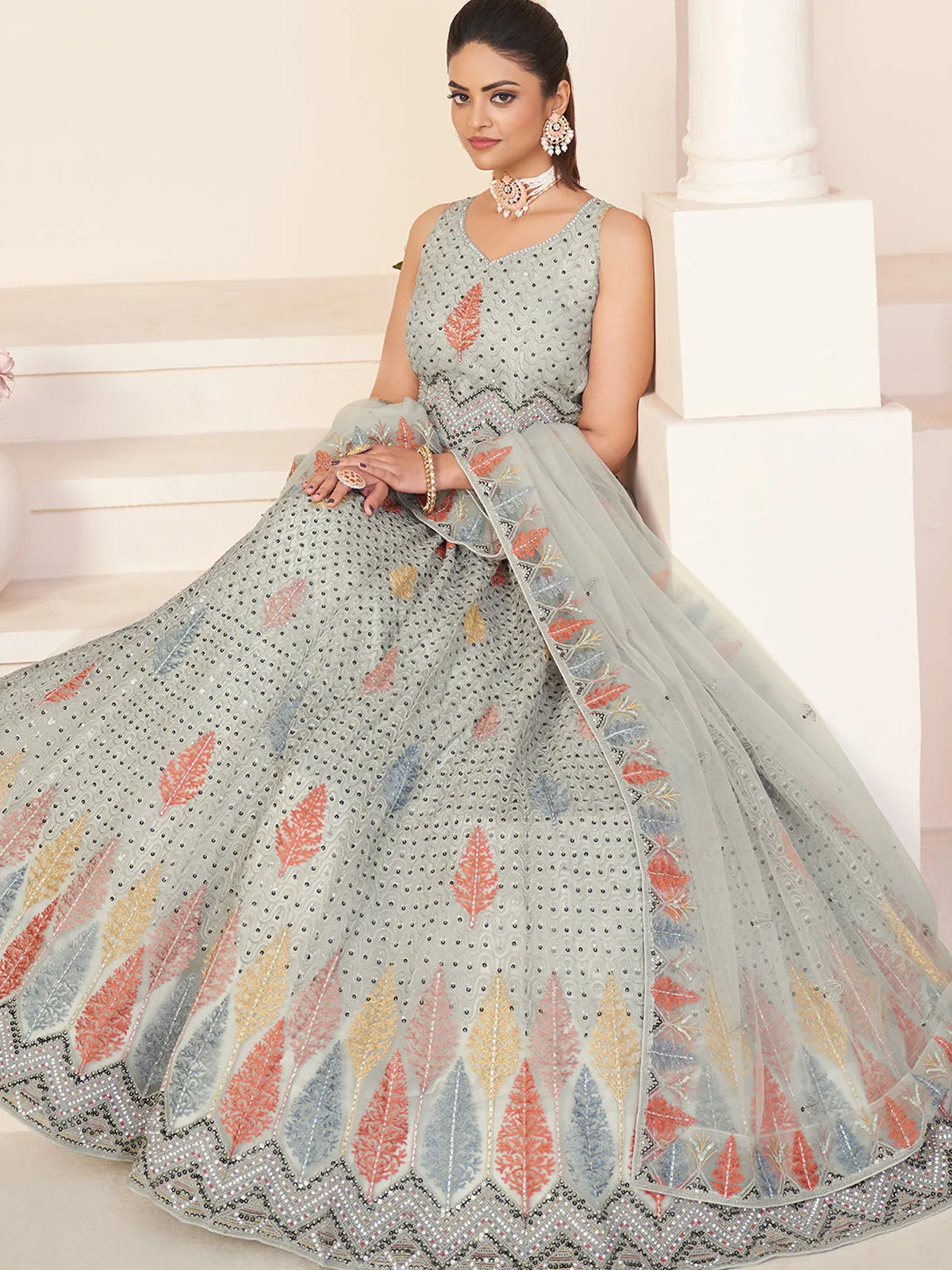 Grey Net Embroidered Semi stitched Lehenga With Unstitched blouse