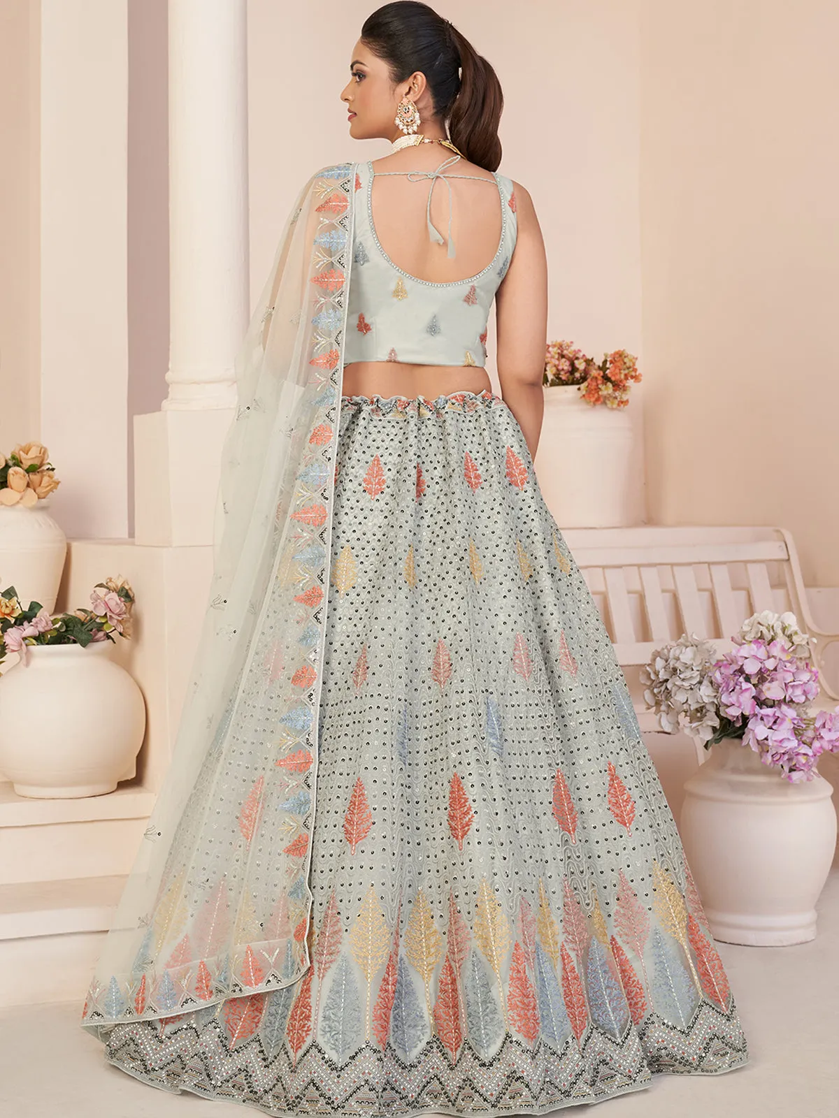 Grey Net Embroidered Semi stitched Lehenga With Unstitched blouse