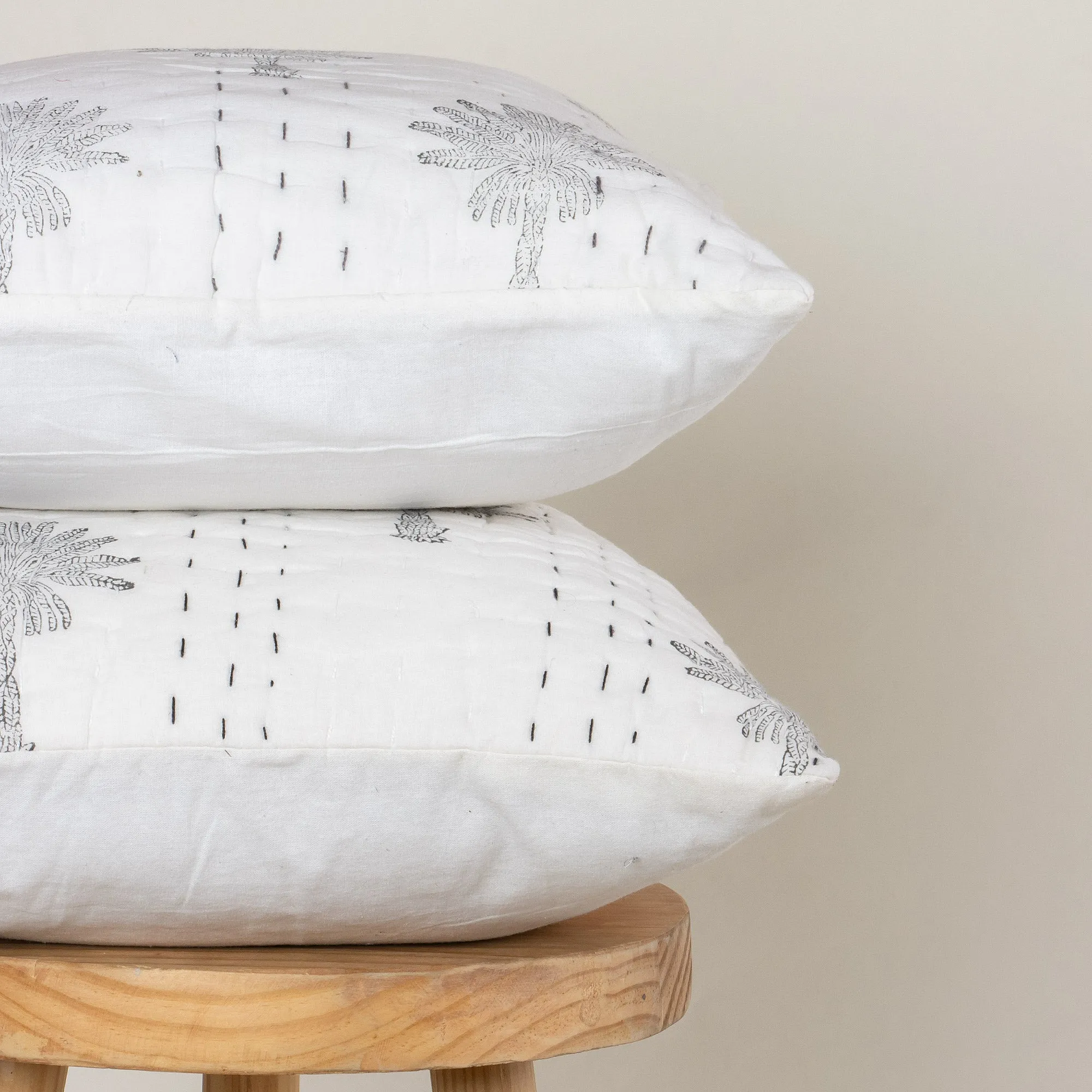 Grey Palm Tree Printed Kantha Cushion Cover Set