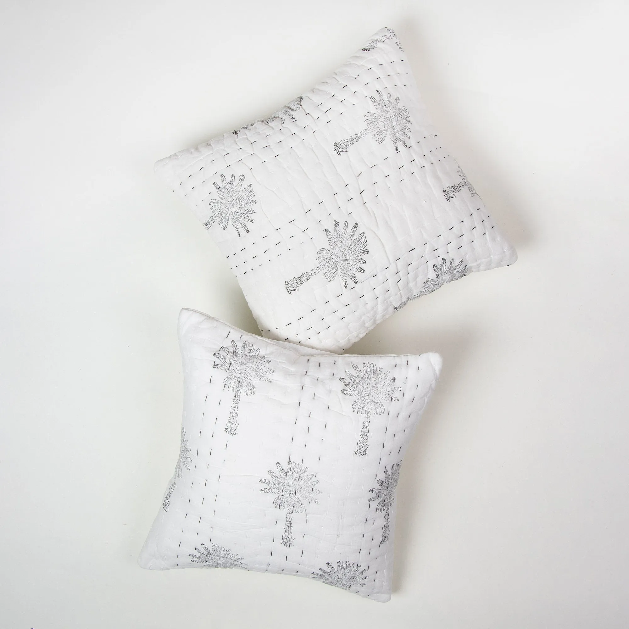 Grey Palm Tree Printed Kantha Cushion Cover Set