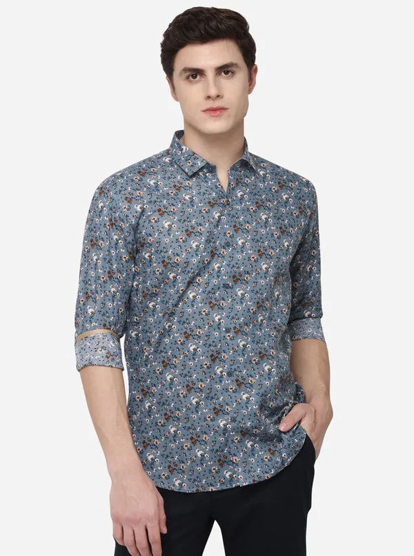 Grey Printed Slim Fit Party Wear Shirt | JB Studio