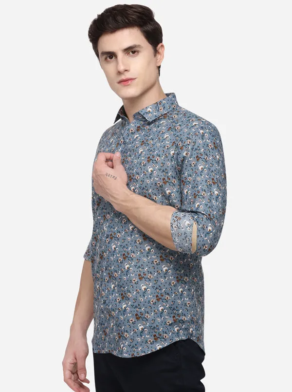 Grey Printed Slim Fit Party Wear Shirt | JB Studio