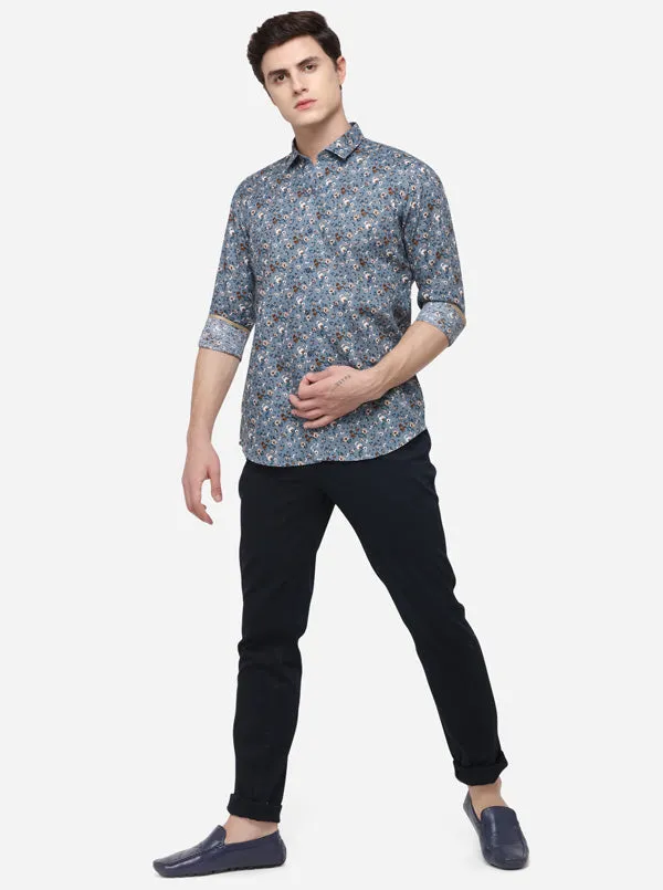 Grey Printed Slim Fit Party Wear Shirt | JB Studio