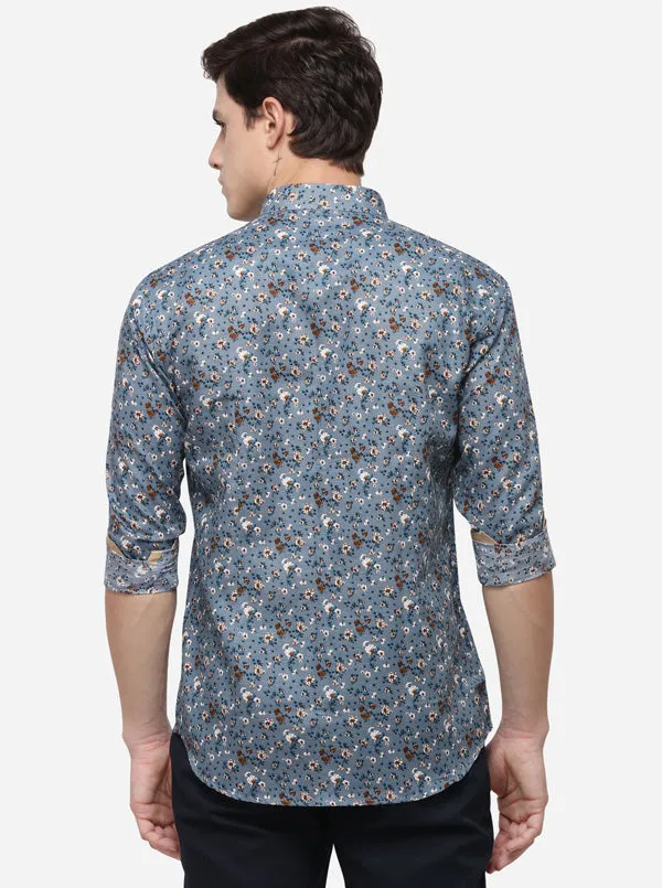 Grey Printed Slim Fit Party Wear Shirt | JB Studio