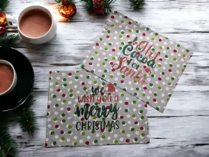 Grey Red White Green Polka Dot Graphic Wish You a Merry, Hot Cocoa For Santa Winter Set of 2 Washable Placemats